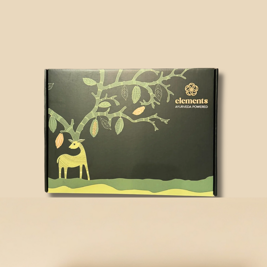 The Radiance Diwali box: dark green, with a tree and a deer