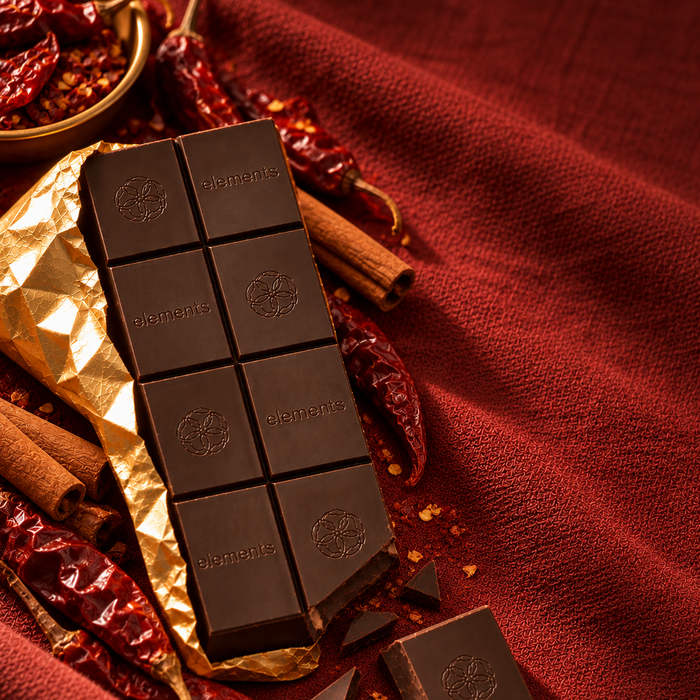 Spicy Cayenne with Cinnamon bar with red chillies and cinnamon on burgundy silk